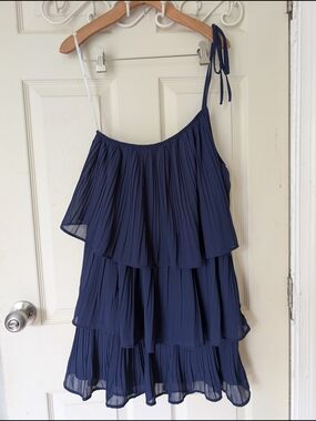 Lulu's Navy One-Shoulder Tiered Pleated Dress